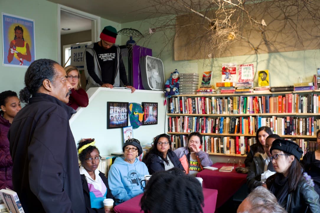 community gathering inside estelita's library